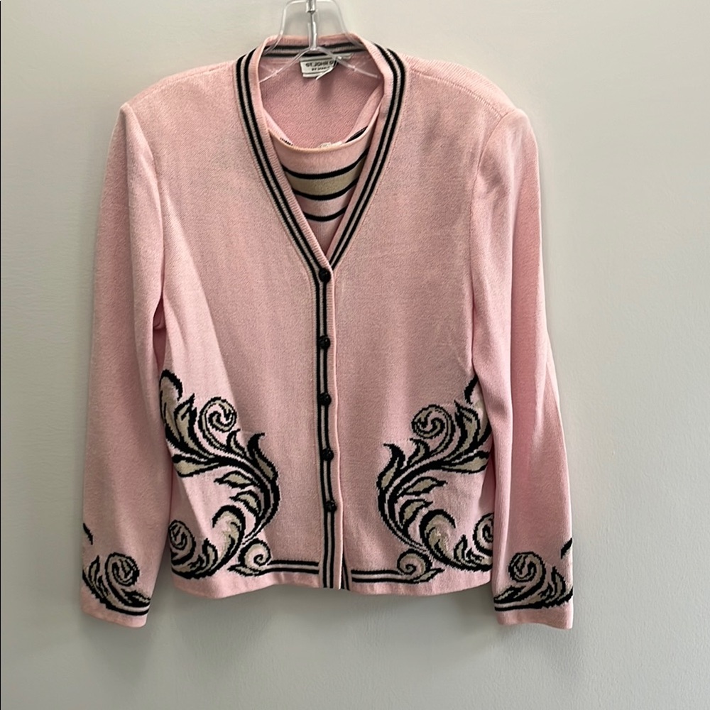St. John Pink and Black Baroque Cardigan Sweater